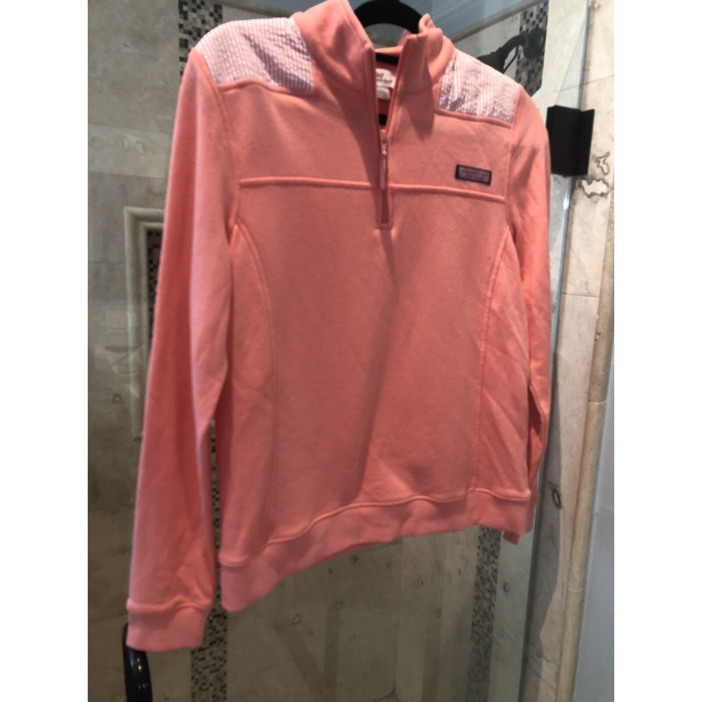 Vineyard Vines Women Pink Coral Seersucker Quarter Zip Pullover Sweatshirt M